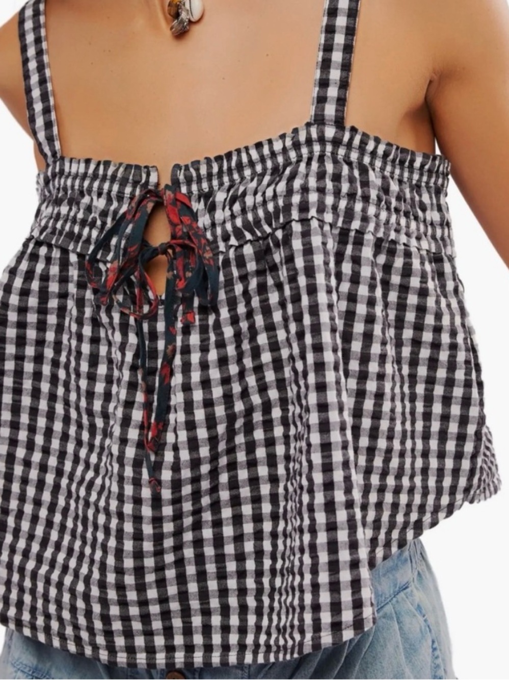 Free People Black and White Gingham Tie-Front Cami